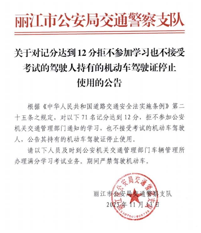 丽江有71人驾驶证记分达12分不参加学习被停用.png
