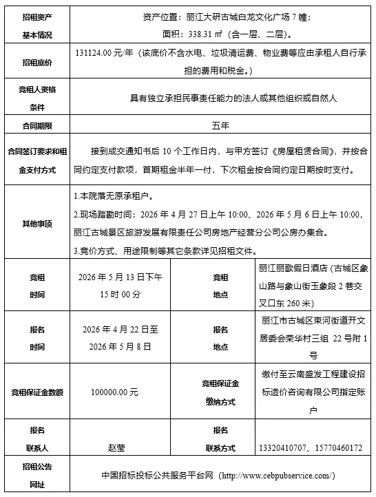 丽江古城直管公房公开招租相关公告