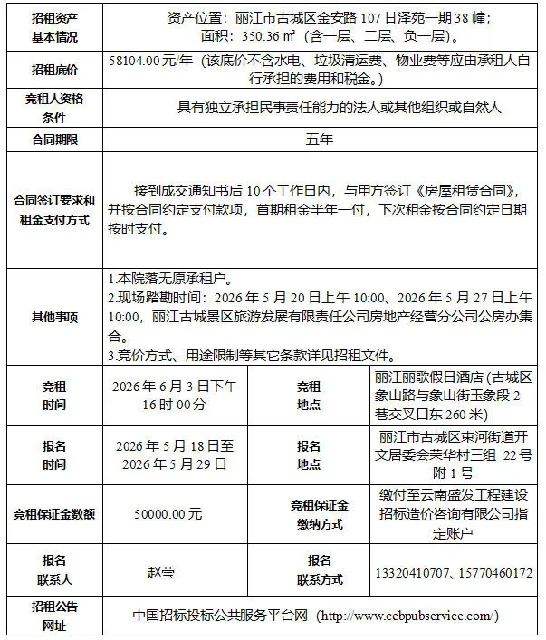 丽江古城直管公房公开招租相关公告